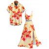 Vacation Couple Outfit Watercolor Lily Floral Print Lace Hollow Out Slit Dress and Shirt Set - Orange S | US 4