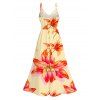 Vacation Couple Outfit Watercolor Lily Floral Print Lace Hollow Out Slit Dress and Shirt Set - Orange S | US 4