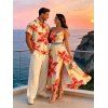 Vacation Couple Outfit Watercolor Lily Floral Print Lace Hollow Out Slit Dress and Shirt Set - Orange S | US 4