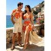 Hawaiian Vacation Couple Outfit Monstera Leaf Print Lace Hollow Out Slit Dress and Shirt Set - Orange S | US 4