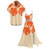 Hawaiian Vacation Couple Outfit Monstera Leaf Print Lace Hollow Out Slit Dress and Shirt Set - Orange S | US 4