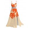 Hawaiian Vacation Couple Outfit Monstera Leaf Print Lace Hollow Out Slit Dress and Shirt Set - Orange S | US 4