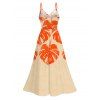 Hawaiian Vacation Couple Outfit Monstera Leaf Print Lace Hollow Out Slit Dress and Shirt Set - Orange S | US 4