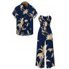 Vacation Couple Outfit Hand‑Drawn Orchid Floral Print Pocket Off the Shoulder Jumpsuit and Shirt Set - Bleu de Minuit S | US 4