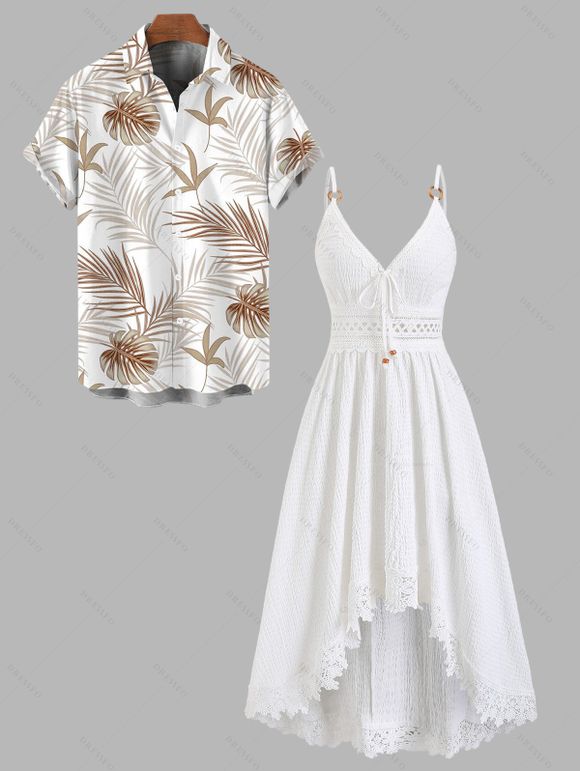 Vacation Couple Outfit Solid Color Lace Trim Crochet Scalloped Tied Spaghetti Strap Dress and Tropical Leaf Print Shirt Set - Blanc S | US 4