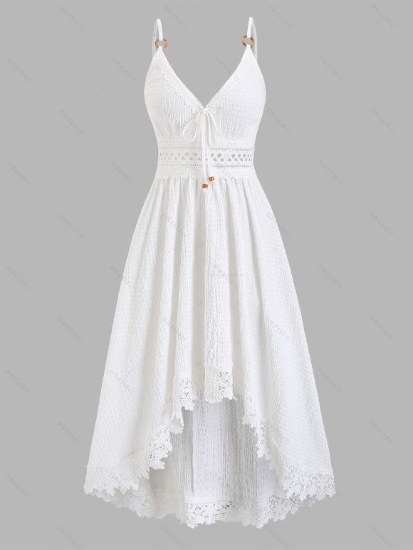 Vacation Couple Outfit Solid Color Lace Trim Crochet Scalloped Tied Spaghetti Strap Dress and Tropical Leaf Print Shirt Set - Blanc S | US 4