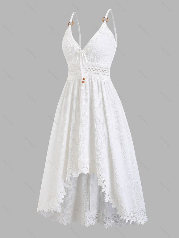 Vacation Couple Outfit Solid Color Lace Trim Crochet Scalloped Tied Spaghetti Strap Dress and Tropical Leaf Print Shirt Set - Blanc S | US 4