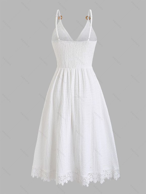 Vacation Couple Outfit Solid Color Lace Trim Crochet Scalloped Tied Spaghetti Strap Dress and Tropical Leaf Print Shirt Set - Blanc S | US 4