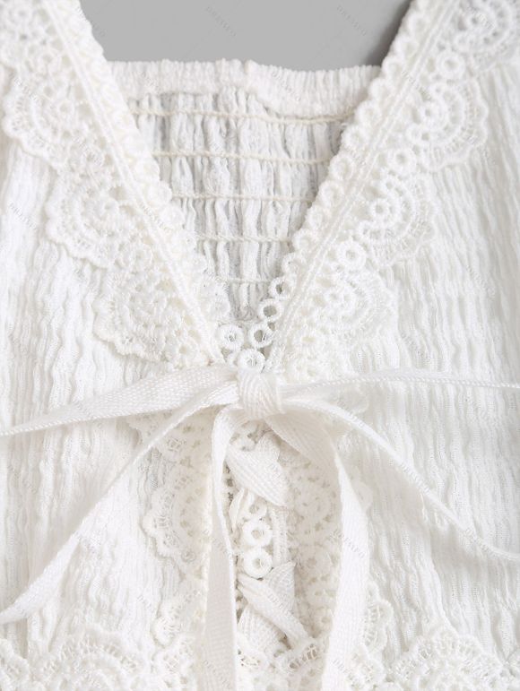 Vacation Couple Outfit Solid Color Lace Trim Crochet Scalloped Tied Spaghetti Strap Dress and Tropical Leaf Print Shirt Set - Blanc S | US 4