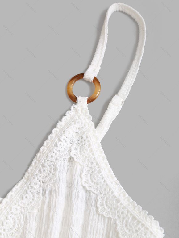 Vacation Couple Outfit Solid Color Lace Trim Crochet Scalloped Tied Spaghetti Strap Dress and Tropical Leaf Print Shirt Set - Blanc S | US 4