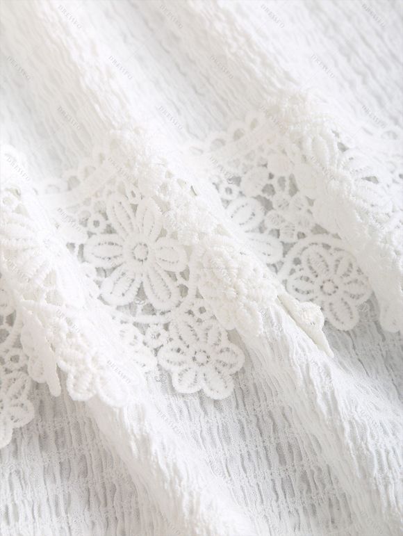 Vacation Couple Outfit Solid Color Lace Trim Crochet Scalloped Tied Spaghetti Strap Dress and Tropical Leaf Print Shirt Set - Blanc S | US 4