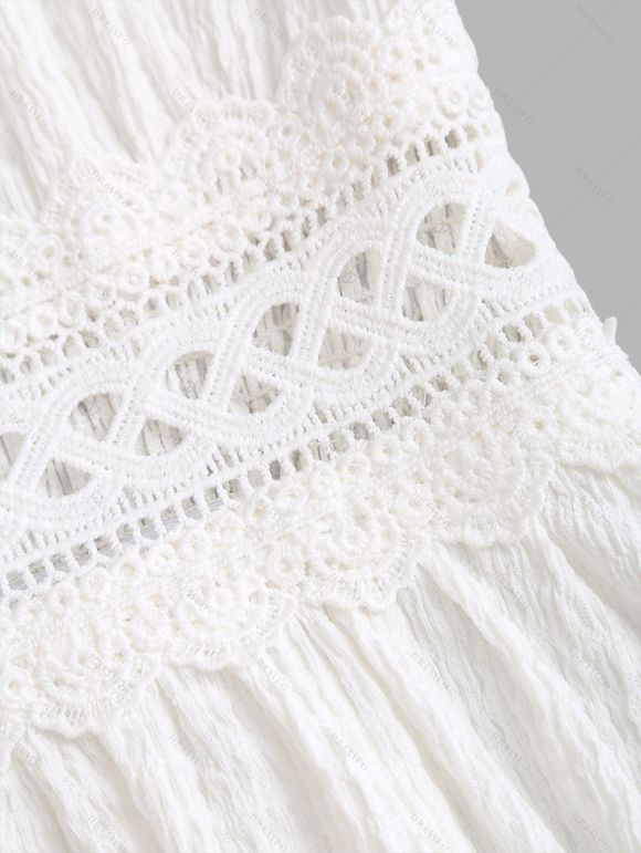 Vacation Couple Outfit Solid Color Lace Trim Crochet Scalloped Tied Spaghetti Strap Dress and Tropical Leaf Print Shirt Set - Blanc S | US 4