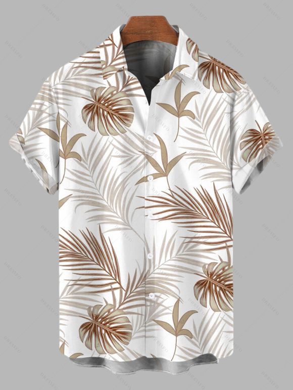 Vacation Couple Outfit Solid Color Lace Trim Crochet Scalloped Tied Spaghetti Strap Dress and Tropical Leaf Print Shirt Set - Blanc S | US 4