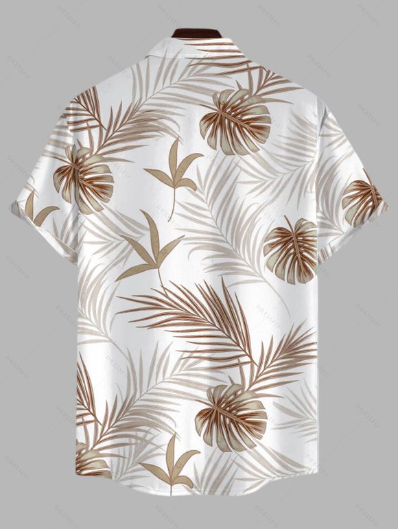 Vacation Couple Outfit Solid Color Lace Trim Crochet Scalloped Tied Spaghetti Strap Dress and Tropical Leaf Print Shirt Set - Blanc S | US 4