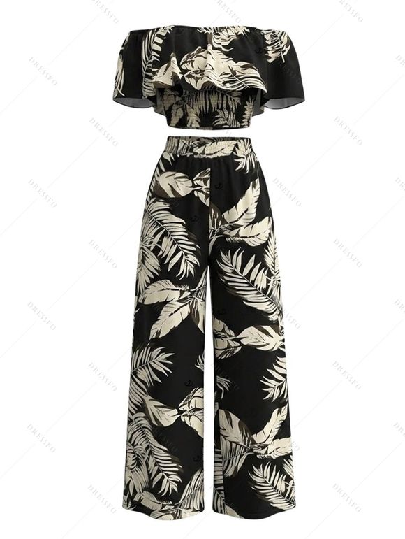 Hawaiian Vacation Two Piece Set Tropical Leaf Print Flounce Off the Shoulder Smocked Top and Wide Leg Pants Outfit - Noir XL | US 12
