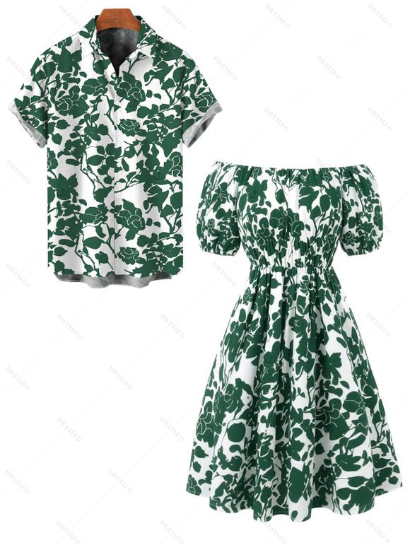 Vacation Couple Outfit Floral Leaf Silhouette Print Off the Shoulder Puff Sleeve Dress and Shirt Set - Vert S | US 4