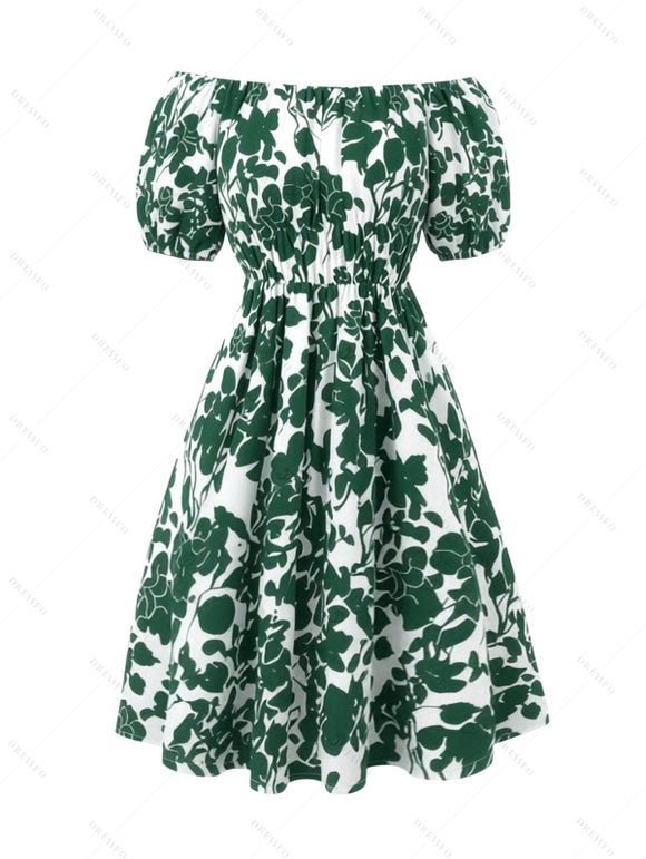 Vacation Couple Outfit Floral Leaf Silhouette Print Off the Shoulder Puff Sleeve Dress and Shirt Set - Vert S | US 4