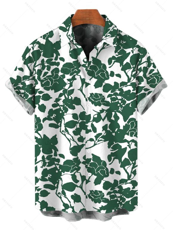 Vacation Couple Outfit Floral Leaf Silhouette Print Off the Shoulder Puff Sleeve Dress and Shirt Set - Vert S | US 4