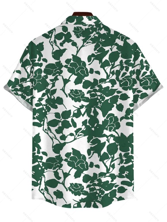 Vacation Couple Outfit Floral Leaf Silhouette Print Off the Shoulder Puff Sleeve Dress and Shirt Set - Vert S | US 4