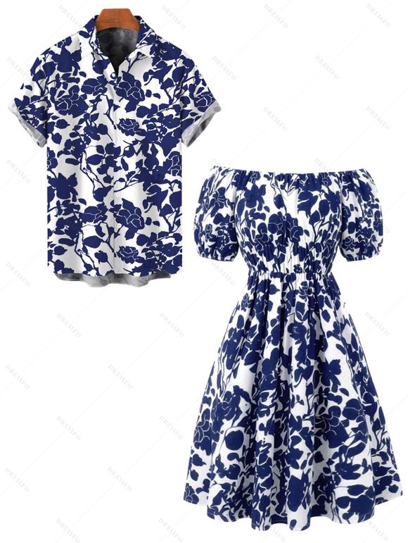 Vacation Couple Outfit Floral Leaf Silhouette Print Off the Shoulder Puff Sleeve Dress and Shirt Set - Bleu S | US 4