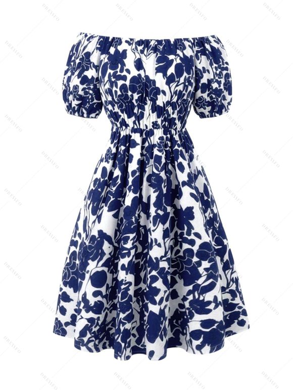 Vacation Couple Outfit Floral Leaf Silhouette Print Off the Shoulder Puff Sleeve Dress and Shirt Set - Bleu S | US 4