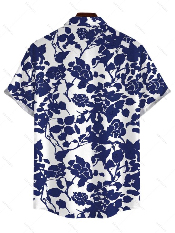 Men's Vacation Shirt Floral Leaf Silhouette Print Button Up Shirt - Bleu 5XL