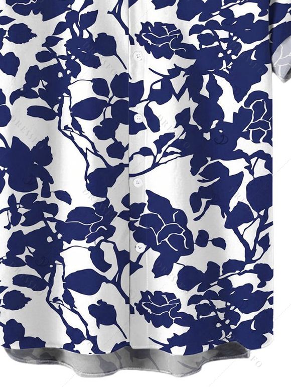 Men's Vacation Shirt Floral Leaf Silhouette Print Button Up Shirt - Bleu 5XL