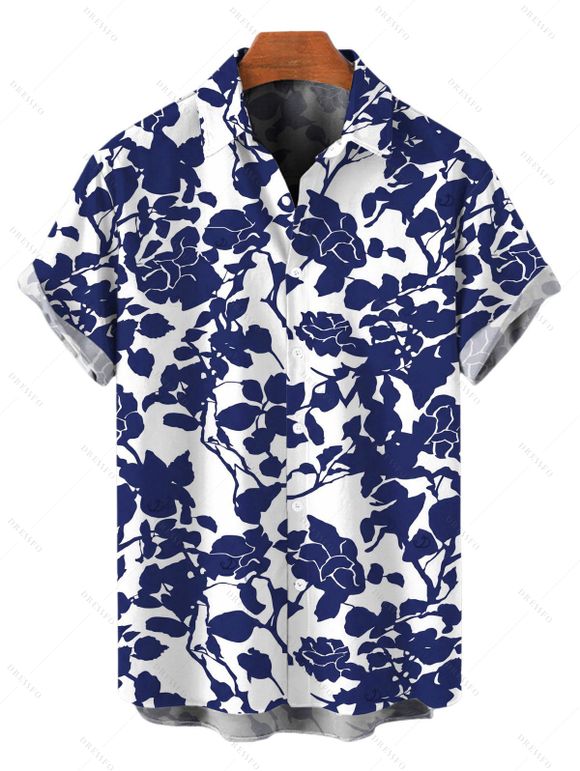 Vacation Couple Outfit Floral Leaf Silhouette Print Off the Shoulder Puff Sleeve Dress and Shirt Set - Bleu S | US 4
