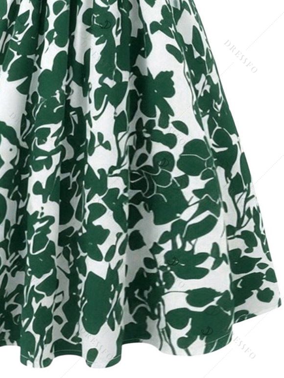 Vacation Dress Floral Leaf Silhouette Print Off the Shoulder Puff Sleeve A Line Casual Dress - Vert S | US 4