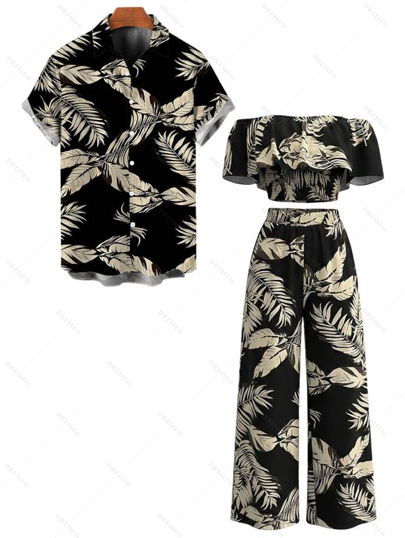 Hawaiian Vacation Couple Outfit Tropical Leaf Print Flounce Off the Shoulder Smocked Top Wide Leg Pants and Shirt Set - Noir S | US 4