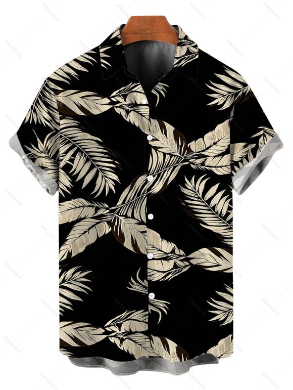 Hawaiian Vacation Couple Outfit Tropical Leaf Print Flounce Off the Shoulder Smocked Top Wide Leg Pants and Shirt Set - Noir S | US 4