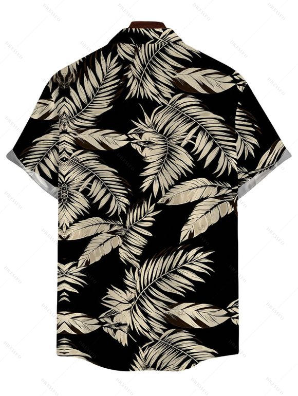 Hawaiian Vacation Couple Outfit Tropical Leaf Print Flounce Off the Shoulder Smocked Top Wide Leg Pants and Shirt Set - Noir S | US 4