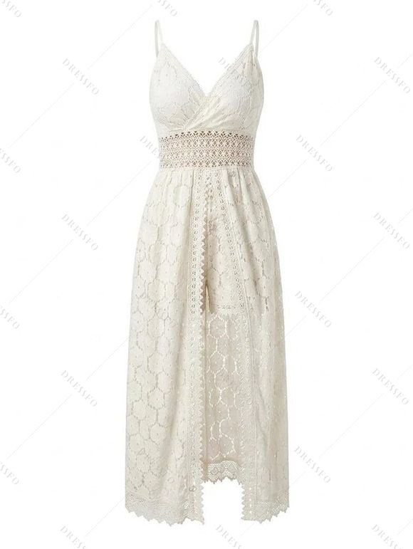 Bohemian Vacation Faux Twinset Romper Geometric Lace Hollow Out Surplice Romper - Beige XXL | US 12
