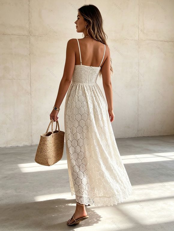 Bohemian Vacation Faux Twinset Romper Geometric Lace Hollow Out Surplice Romper - Beige XXL | US 12