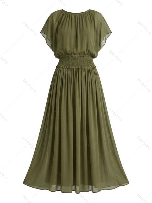 Vacation Chiffon Dress Solid Color Batwing Sleeve Smocked Pocket Maxi Dress - Vert Armée XXL | US 12