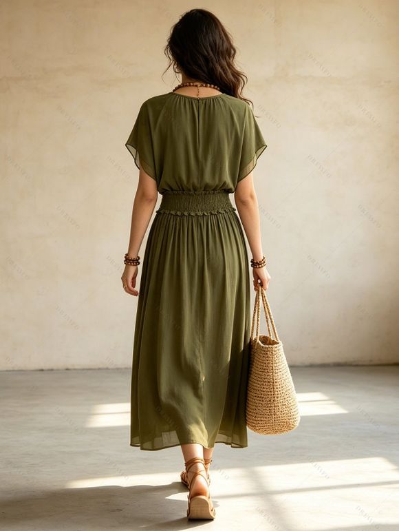 Vacation Chiffon Dress Solid Color Batwing Sleeve Smocked Pocket Maxi Dress - Vert Armée XXL | US 12