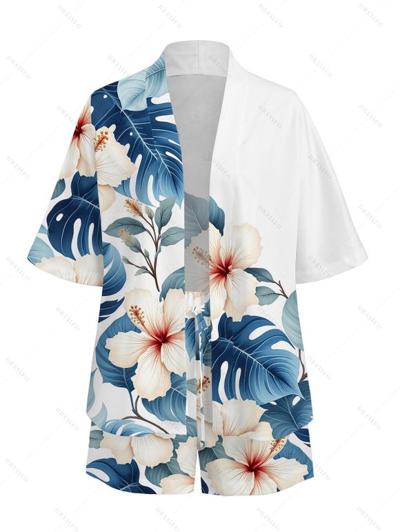 Beach Vacation Set Hibiscus Floral Monstera Leaf Print Open Front Cover-up and Shorts Set - Blanc XXXXXL | US 20