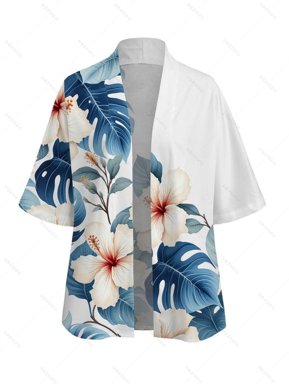 Beach Vacation Set Hibiscus Floral Monstera Leaf Print Open Front Cover-up and Shorts Set - Blanc XXXXXL | US 20
