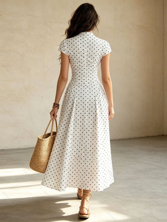 Vintage Dress Polka Dots Print Round Neck A Line Maxi Vacation Dress - Blanc XL | US 10