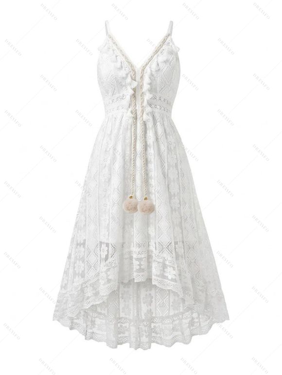 Bohemian Vacation Dress See Through Flower Lace Panel High Low Maxi Dress - Blanc XXL | US 12