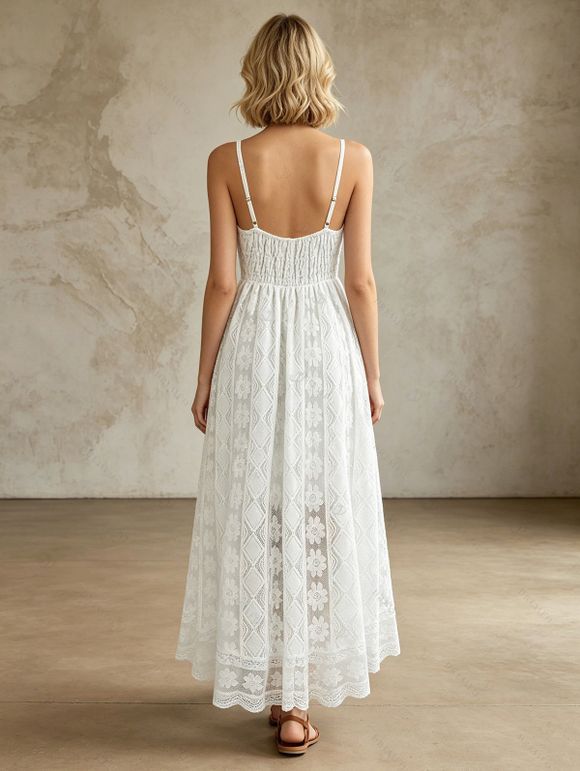 Bohemian Vacation Dress See Through Flower Lace Panel High Low Maxi Dress - Blanc XXL | US 12