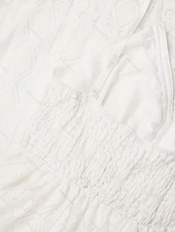 Bohemian Vacation Dress See Through Flower Lace Panel High Low Maxi Dress - Blanc XXL | US 12