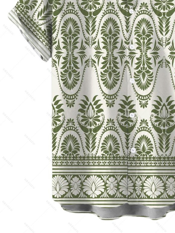 Men's Bohemian Vacation Shirt Geometric Printed Button Up Shirt - Olive Verte 5XL