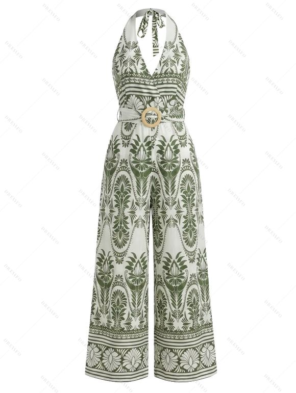 Bohemian Vacation Jumpsuit Geometric Printed Plunging Neck O-ring Belt Wide Leg Jumpsuit - Olive Verte XL | US 10