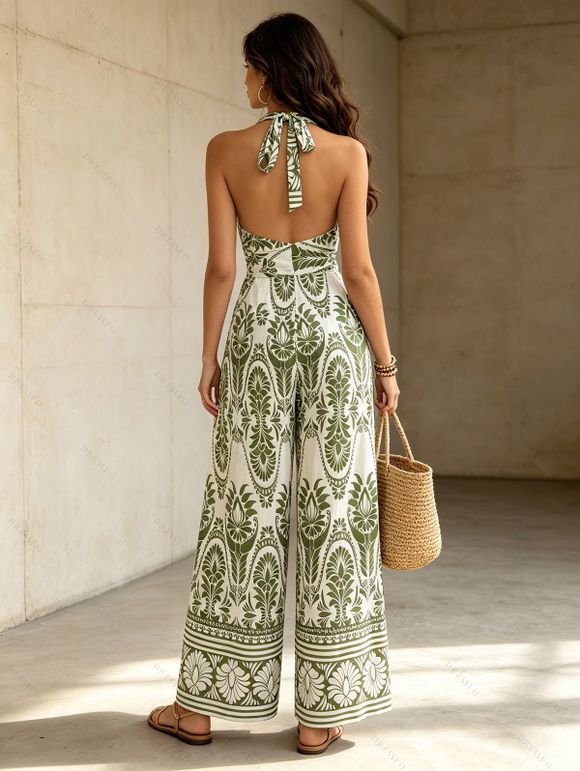 Bohemian Vacation Jumpsuit Geometric Printed Plunging Neck O-ring Belt Wide Leg Jumpsuit - Olive Verte XL | US 10