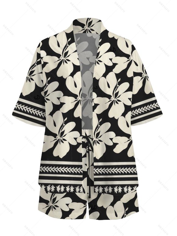 Beach Vacation Set Hibiscus Floral Geometric Print Open Front Cover-up and Shorts Set - Noir XXXXXL | US 20