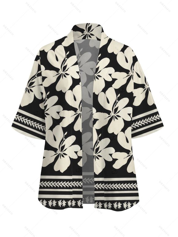 Beach Vacation Set Hibiscus Floral Geometric Print Open Front Cover-up and Shorts Set - Noir XXXXXL | US 20