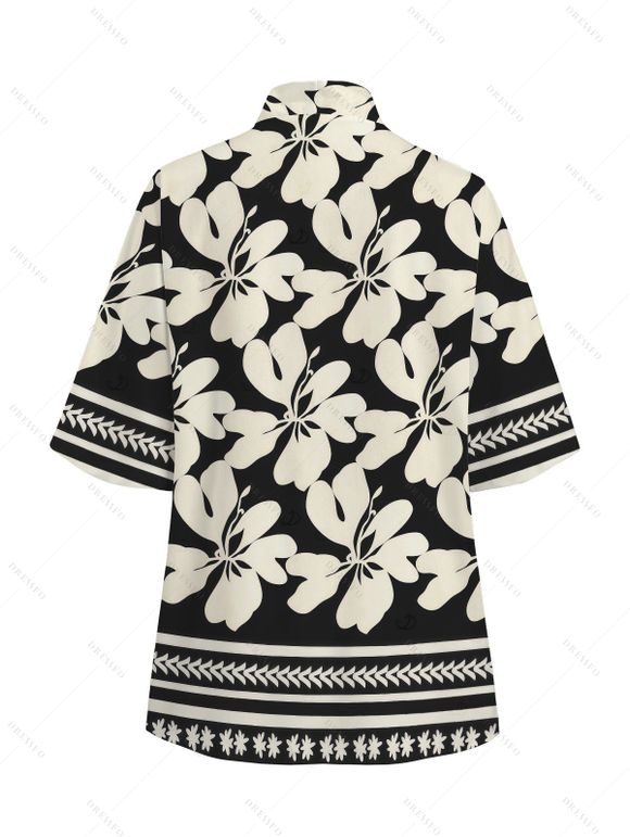 Beach Vacation Set Hibiscus Floral Geometric Print Open Front Cover-up and Shorts Set - Noir XXXXXL | US 20