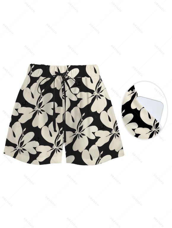 Beach Vacation Set Hibiscus Floral Geometric Print Open Front Cover-up and Shorts Set - Noir XXXXXL | US 20