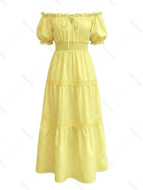 Vacation Cake Dress Solid Color Ruffle Off the Shoulder Puff Sleeve Smocked Maxi Dress - Jaune XL | US 10